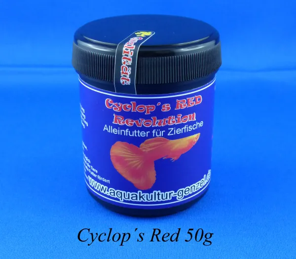Cyclops RED Revolution in einer 50g Dose das Farbfutter für Guppys und Zierfische mit roter Farbe